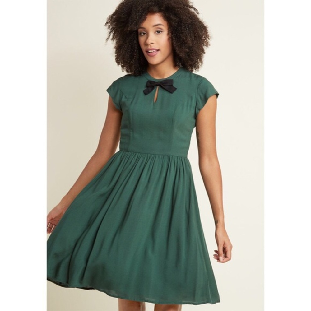 ModCloth A Line Green Dress with Black Bow